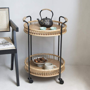Modern Side Table Rattan Bar Cart with Rolling Foot Woven Side Table-Richsoul-End & Side Tables,Furniture,Living Room Furniture